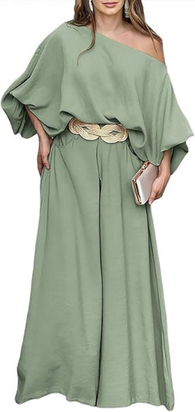 Women 2 Piece Outfits Off Shoulder Top  Wide Leg Pants Set