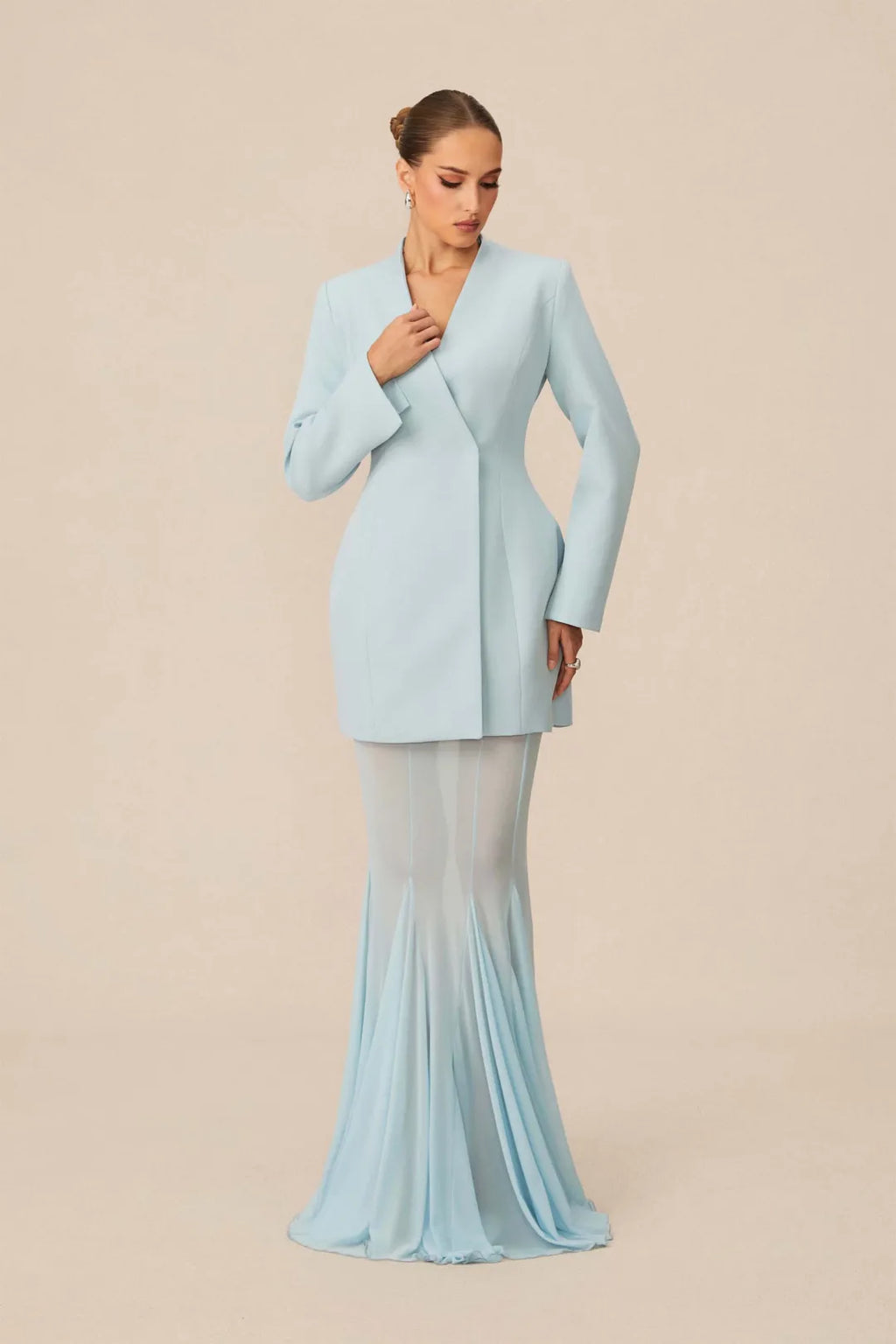 Asymmetric Tailored Blazer & Sheer Mesh Skirt Set