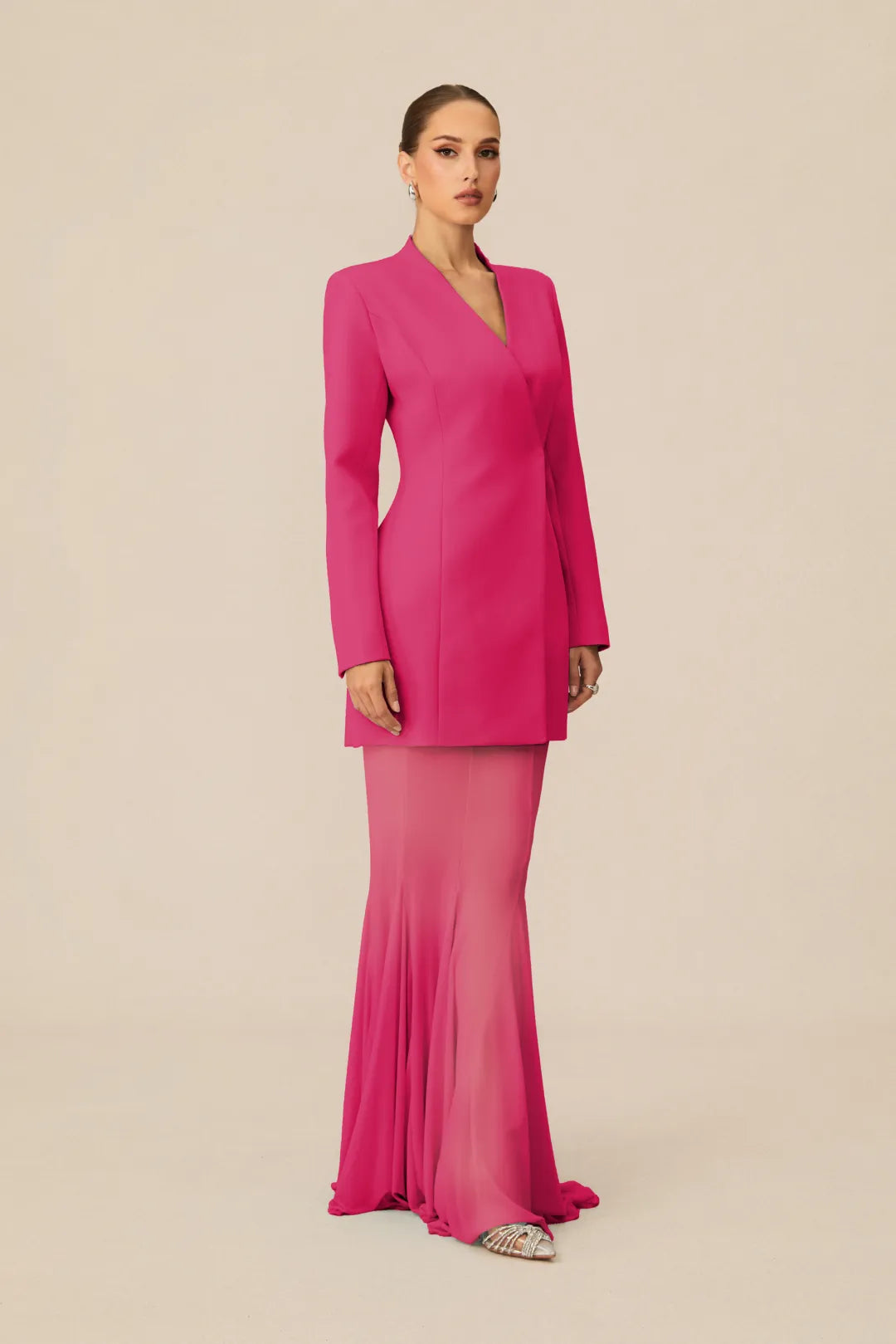 Asymmetric Tailored Blazer & Sheer Mesh Skirt Set
