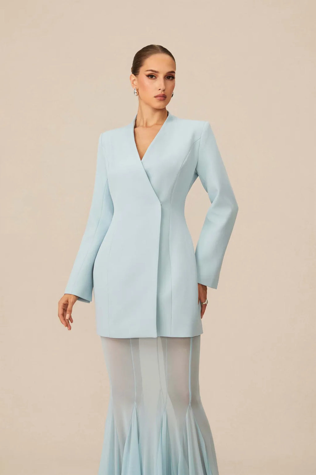 Asymmetric Tailored Blazer & Sheer Mesh Skirt Set