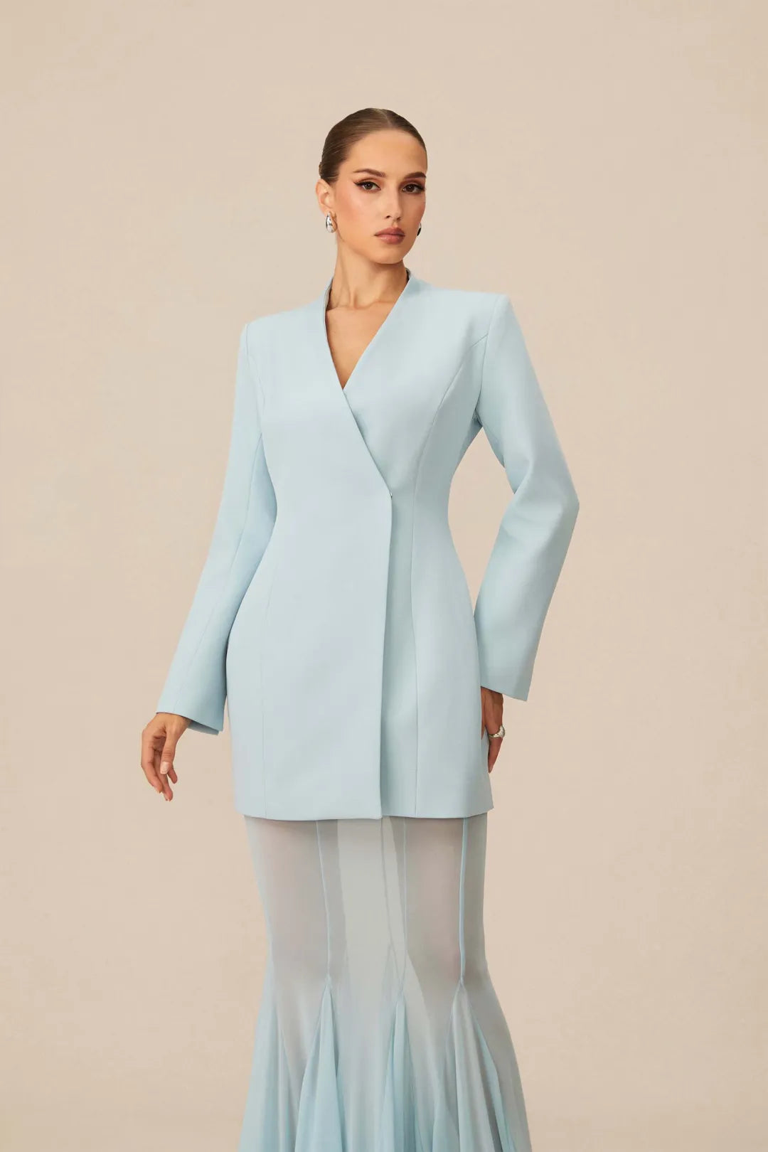 Asymmetric Tailored Blazer & Sheer Mesh Skirt Set