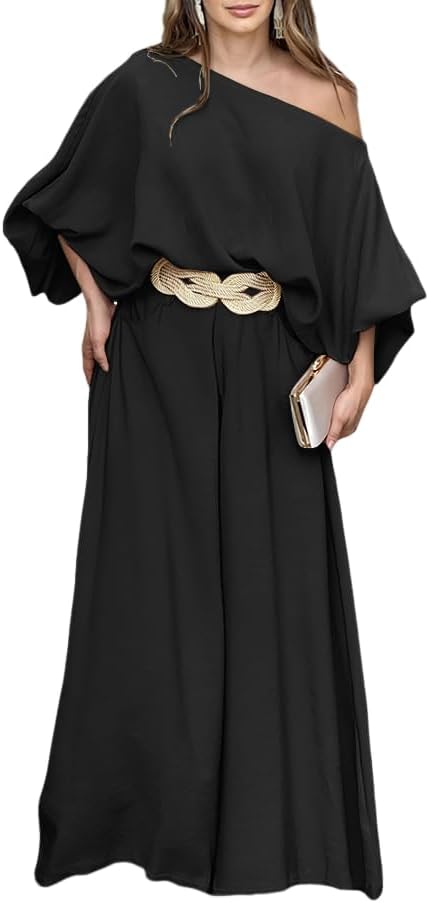 Women 2 Piece Outfits Off Shoulder Top  Wide Leg Pants Set