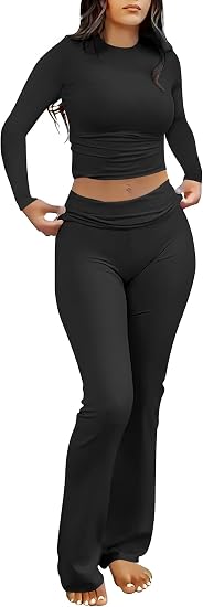 Womens 2 Piece Matching Lounge Sets  Long Sleeve Crop Top, Fold Over Flare Leggings Pants