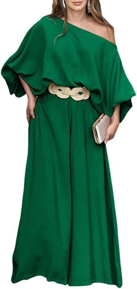 Women 2 Piece Outfits Off Shoulder Top  Wide Leg Pants Set