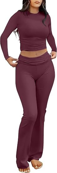 Womens 2 Piece Matching Lounge Sets  Long Sleeve Crop Top, Fold Over Flare Leggings Pants