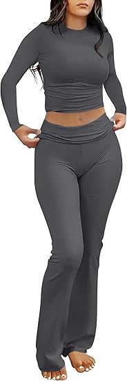 Womens 2 Piece Matching Lounge Sets  Long Sleeve Crop Top, Fold Over Flare Leggings Pants