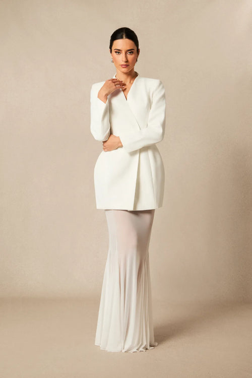 Asymmetric Tailored Blazer & Sheer Mesh Skirt Set