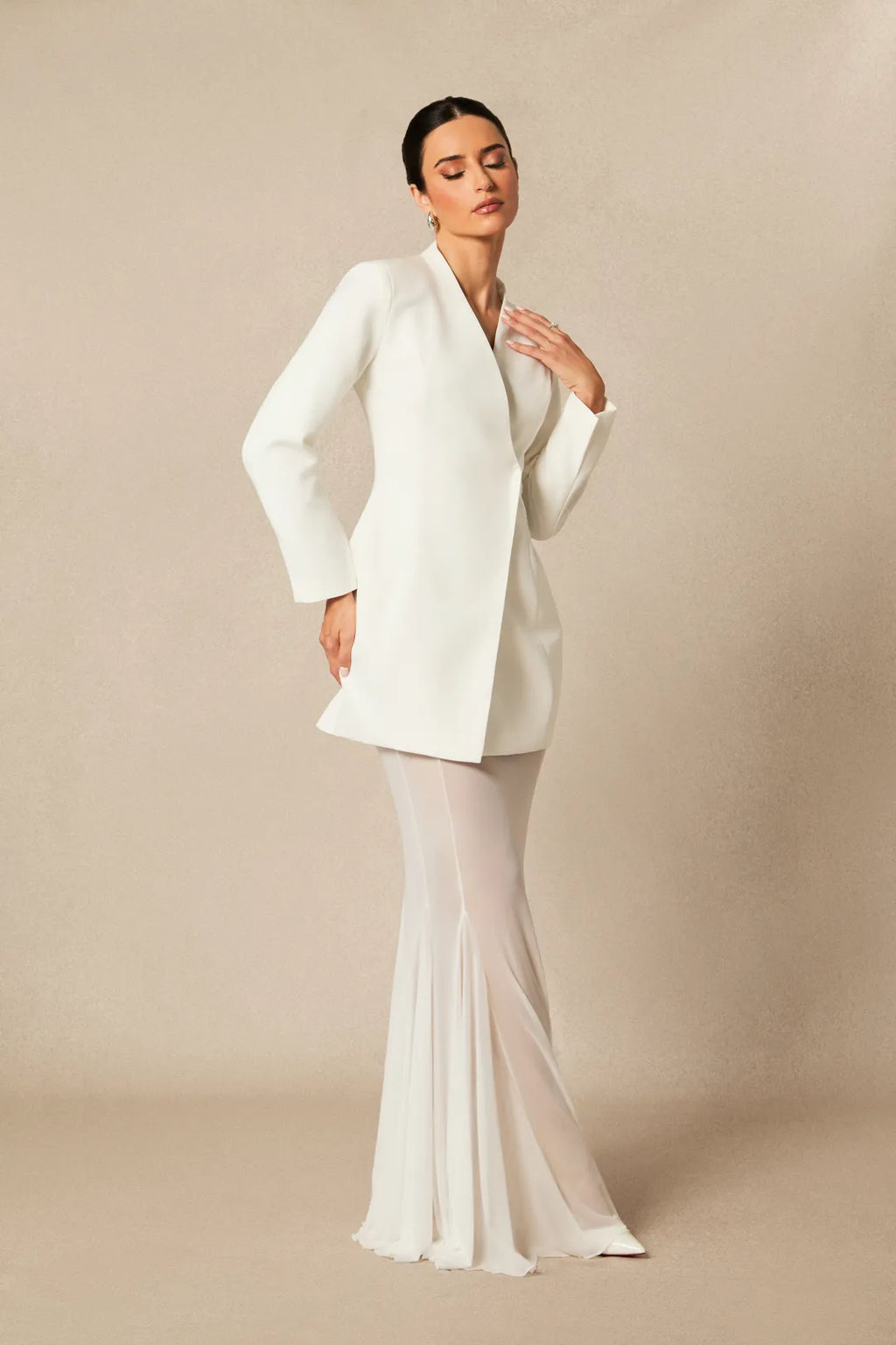 Asymmetric Tailored Blazer & Sheer Mesh Skirt Set