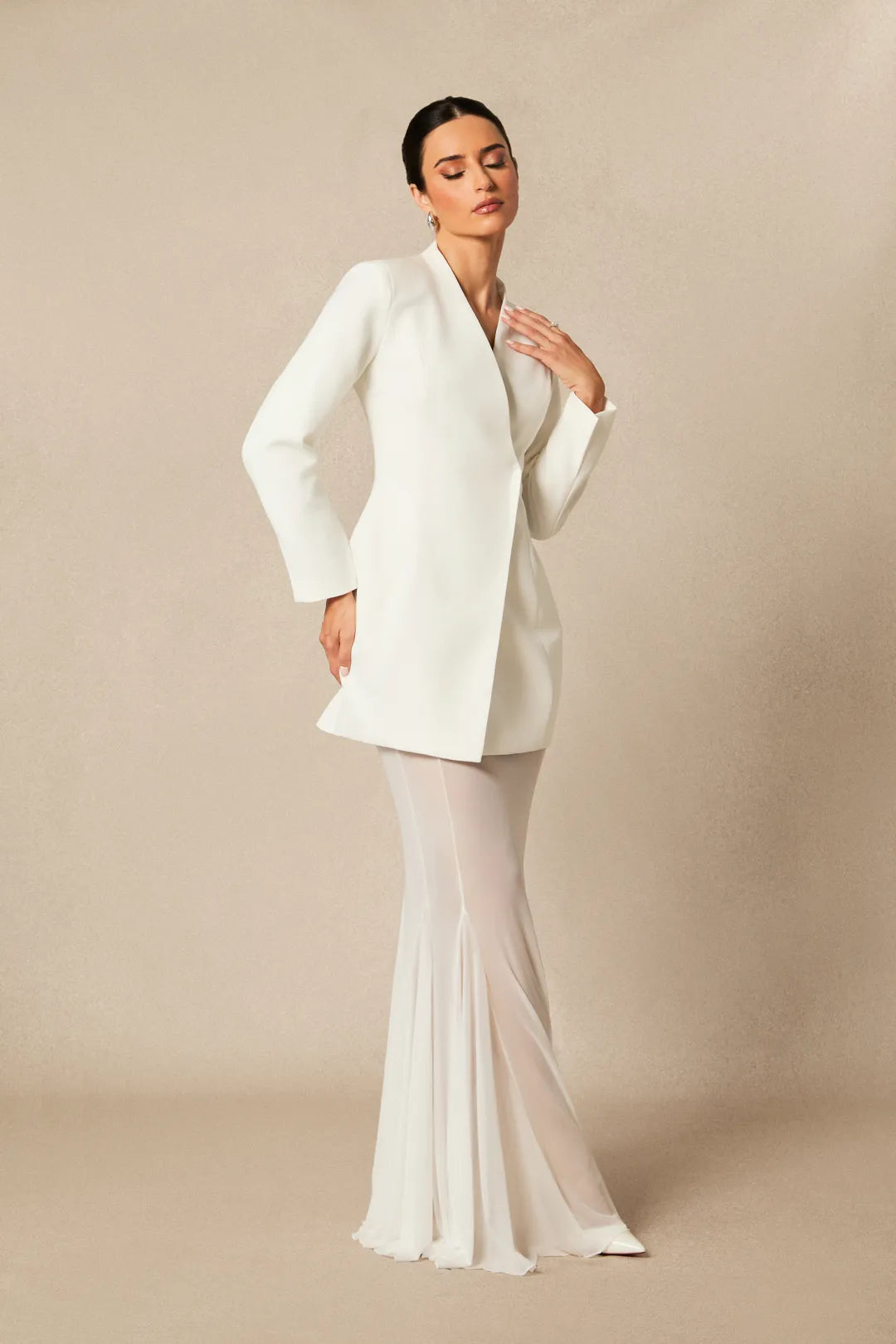 Asymmetric Tailored Blazer & Sheer Mesh Skirt Set