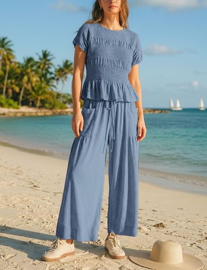 Womens 2 Piece Smocked Top Wide-Leg Pants Set