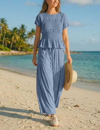 Womens 2 Piece Smocked Top Wide-Leg Pants Set