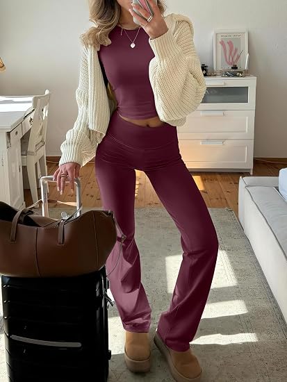 Womens 2 Piece Matching Lounge Sets  Long Sleeve Crop Top, Fold Over Flare Leggings Pants
