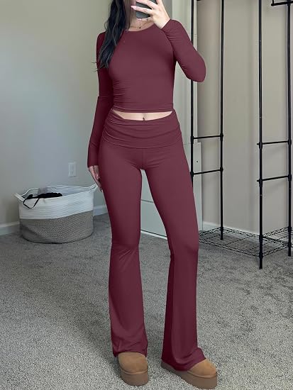 Womens 2 Piece Matching Lounge Sets  Long Sleeve Crop Top, Fold Over Flare Leggings Pants