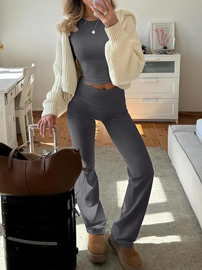 Womens 2 Piece Matching Lounge Sets  Long Sleeve Crop Top, Fold Over Flare Leggings Pants