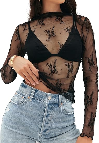 Womens Mesh Sheer Lace Long Sleeve Mock Neck Blouse Shirt Tops