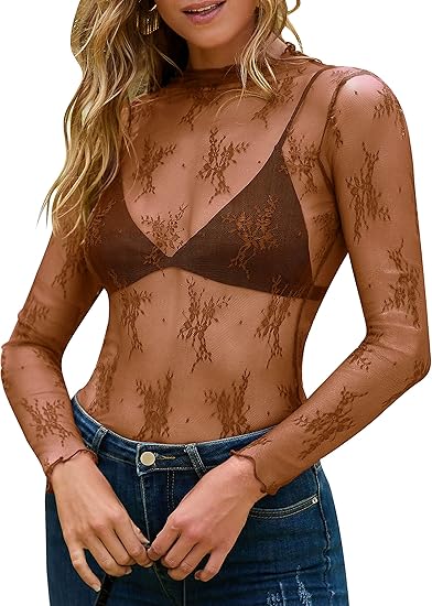 Womens Mesh Sheer Lace Long Sleeve Mock Neck Blouse Shirt Tops