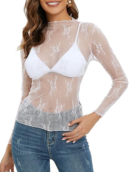 Womens Mesh Sheer Lace Long Sleeve Mock Neck Blouse Shirt Tops