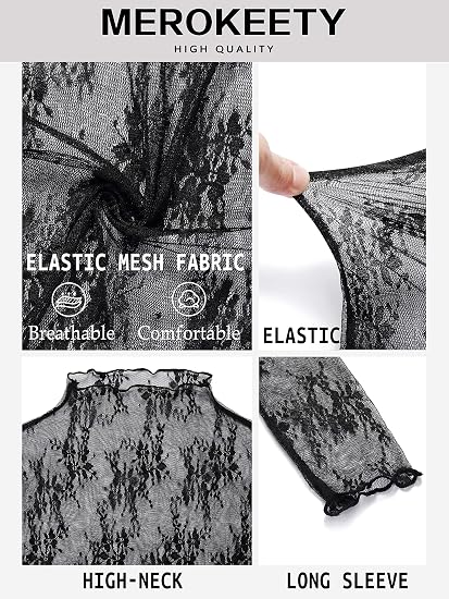 Womens Mesh Sheer Lace Long Sleeve Mock Neck Blouse Shirt Tops